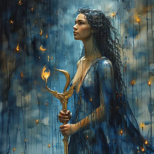 Prompt: The painting portrays a dreamy, wet-on-wet watercolor scene, using minimal paints and soft, fluid strokes to create a hazy, impressionistic composition. Promethea, the Goddess of Magic, stands tall and regal, her presence exuding divine power and mystical energy. She holds a flaming staff in her left hand, its fiery tendrils spiraling upward, casting an ethereal light that dances around her. The staff’s base is adorned with ancient runes, glowing softly in harmony with the flame. In her right hand, she wields a magnificent sword, a blend of silver and gold, its blade shimmering with an otherworldly glow. The sword’s hilt is intricately designed with celestial symbols, reflecting the dual nature of magic and power.

Her eyes glow with the intensity of arcane wisdom, her long flowing hair seeming to move with an unseen breeze, as though charged with magical energy. Promethea's robes are a deep, midnight blue with accents of silver and gold, swirling in patterns that mimic the cosmos. Around her, faint magical sigils hover in the air, and the ground beneath her glows softly as if enchanted by her mere presence. The entire scene feels alive with the force of magic, a combination of elegance, strength, and mystery.