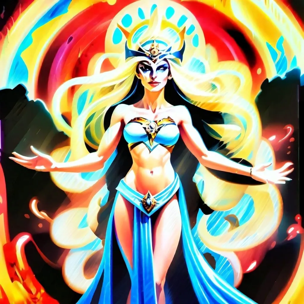 Prompt: Promethea, the goddess with her striking appearance and powerful presence, embodies a combination of beauty, strength, and magic. With her flowing red, gold, silver, and white robes inspired by iconic figures like Medusa and Wonder Woman, she exudes a regal aura. Her muscular arms and wide physique suggest both physical prowess and divine grace, while her staff, burning with purple, blue, and yellow fire, symbolizes her mystical abilities. Promethea represents a captivating mix of femininity and might, a true symbol of myth and wonder.