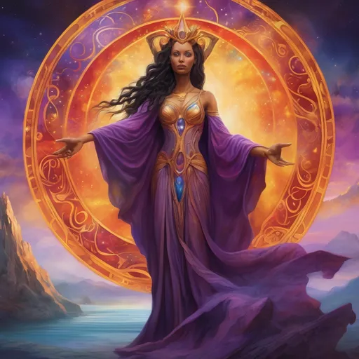 Prompt: Create a stunning, otherworldly depiction of Promethea, a divine, ethereal figure from the mystical realm of imagination. She stands tall, her flowing, radiant gown infused with the colors of a cosmic sunset—deep purples, golds, and fiery reds—shimmering with arcane symbols and celestial patterns. Her eyes glow with the wisdom of ancient gods, and in her hand, she holds a golden caduceus, representing knowledge and magic. Surrounding her is a swirling tapestry of mythical creatures, abstract patterns, and elements from various mythologies—Greek, Egyptian, and beyond—interweaving with the stars and planets of a boundless sky. The background should blend modern cityscapes with the dreamlike world of the Immateria, with bridges of light connecting them. Everything should feel like a fusion of magic and modernity, radiating power, wonder, and mystery."

This captures the essence of Promethea, blending mythology with the infinite imagination and dreamlike qualities central to the story.