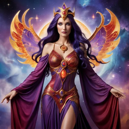 Prompt: Create a stunning, otherworldly depiction of Promethea, a divine, ethereal figure from the mystical realm of imagination. She stands tall, her flowing, radiant gown infused with the colors of a cosmic sunset—deep purples, golds, and fiery reds—shimmering with arcane symbols and celestial patterns. Her eyes glow with the wisdom of ancient gods, and in her hand, she holds a golden caduceus, representing knowledge and magic. Surrounding her is a swirling tapestry of mythical creatures, abstract patterns, and elements from various mythologies—Greek, Egyptian, and beyond—interweaving with the stars and planets of a boundless sky. The background should blend modern cityscapes with the dreamlike world of the Immateria, with bridges of light connecting them. Everything should feel like a fusion of magic and modernity, radiating power, wonder, and mystery."

This captures the essence of Promethea, blending mythology with the infinite imagination and dreamlike qualities central to the story.