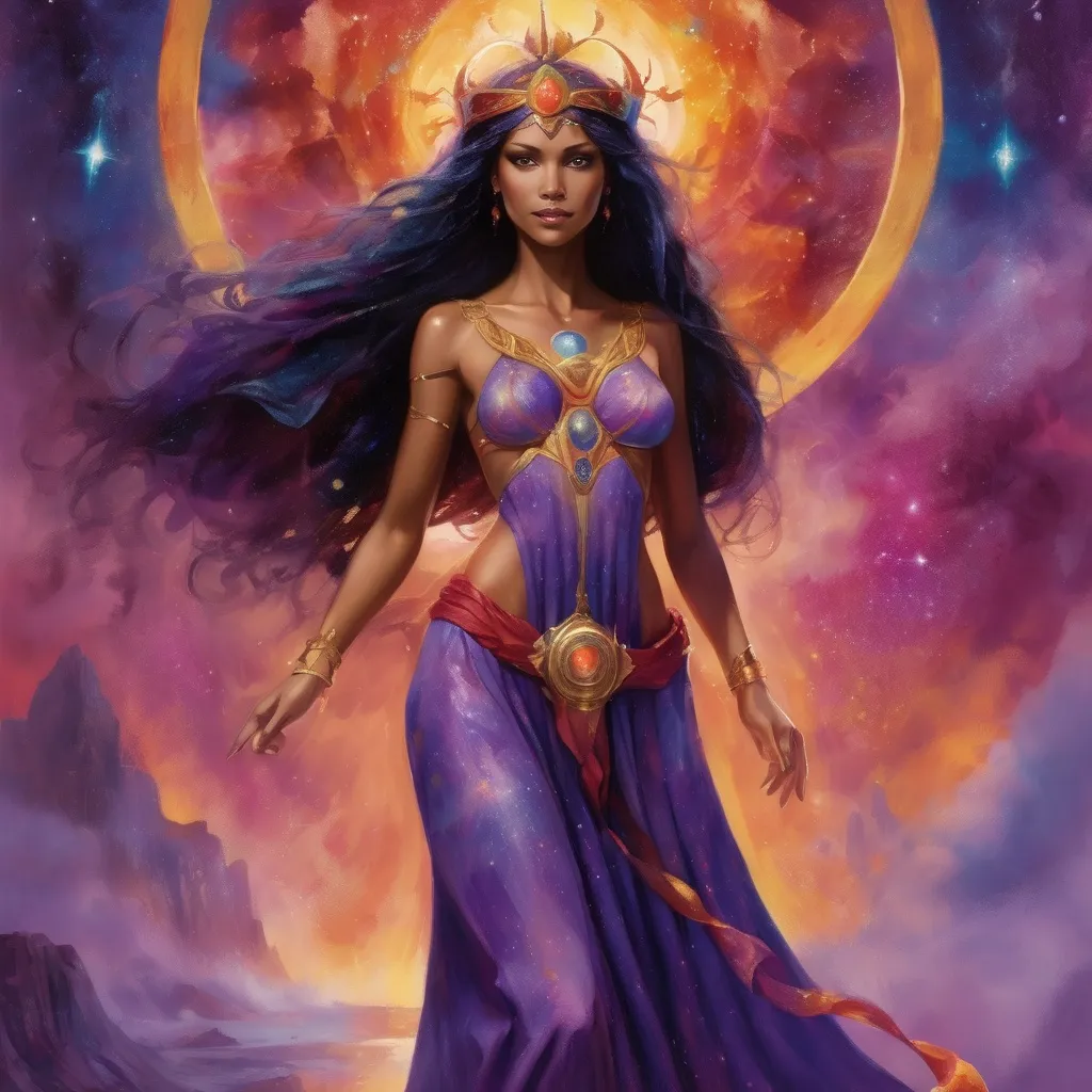 Prompt: Create a stunning, otherworldly depiction of Promethea, a divine, ethereal figure from the mystical realm of imagination. She stands tall, her flowing, radiant gown infused with the colors of a cosmic sunset—deep purples, golds, and fiery reds—shimmering with arcane symbols and celestial patterns. Her eyes glow with the wisdom of ancient gods, and in her hand, she holds a golden caduceus, representing knowledge and magic. Surrounding her is a swirling tapestry of mythical creatures, abstract patterns, and elements from various mythologies—Greek, Egyptian, and beyond—interweaving with the stars and planets of a boundless sky. The background should blend modern cityscapes with the dreamlike world of the Immateria, with bridges of light connecting them. Everything should feel like a fusion of magic and modernity, radiating power, wonder, and mystery."

This captures the essence of Promethea, blending mythology with the infinite imagination and dreamlike qualities central to the story.