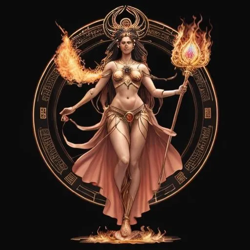 Prompt: FULL BODY, HYPER REALISTIC, PROMETHEA, GODDESS, MAGIC, ART, FIRE, LANGUAGE, BORDERS, PSYCHOPOMP, INSPIRATION, IMAGINATION, DIVINE, FEMALE, POWER, HOLDING A STAFF TOPPED WITH A FLAMING CADEUSUS