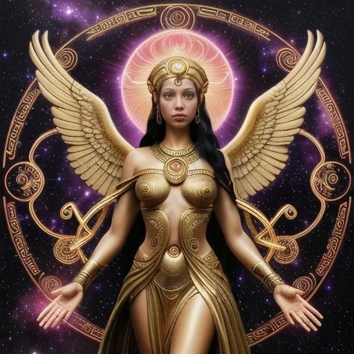 Prompt: Create a stunning, otherworldly depiction of Promethea, a divine, ethereal figure from the mystical realm of imagination. She stands tall, her flowing, radiant gown infused with the colors of a cosmic sunset—deep purples, golds, and fiery reds—shimmering with arcane symbols and celestial patterns. Her eyes glow with the wisdom of ancient gods, and in her hand, she holds a golden caduceus, representing knowledge and magic. Surrounding her is a swirling tapestry of mythical creatures, abstract patterns, and elements from various mythologies—Greek, Egyptian, and beyond—interweaving with the stars and planets of a boundless sky. The background should blend modern cityscapes with the dreamlike world of the Immateria, with bridges of light connecting them. Everything should feel like a fusion of magic and modernity, radiating power, wonder, and mystery."

This captures the essence of Promethea, blending mythology with the infinite imagination and dreamlike qualities central to the story.