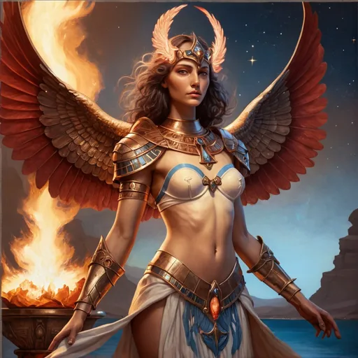 Prompt: PROMETHEA in WHITE LINEN WITH BLUE TRIM AND RED and BRONZE ARMOR HOLDING A CADEUSUS FLAMING WITH HOLY FIRE, wings, stars in the background, fantasy, Egyptian art, GODDESS, ART, FIRE, WATER, ARIES, AQUARIUS, LANGUAGE, COMMUNICATION, BORDERS, INSPIRATION, MAGIC, FEMALE, POWER, STRONG ARMS, WARRIOR