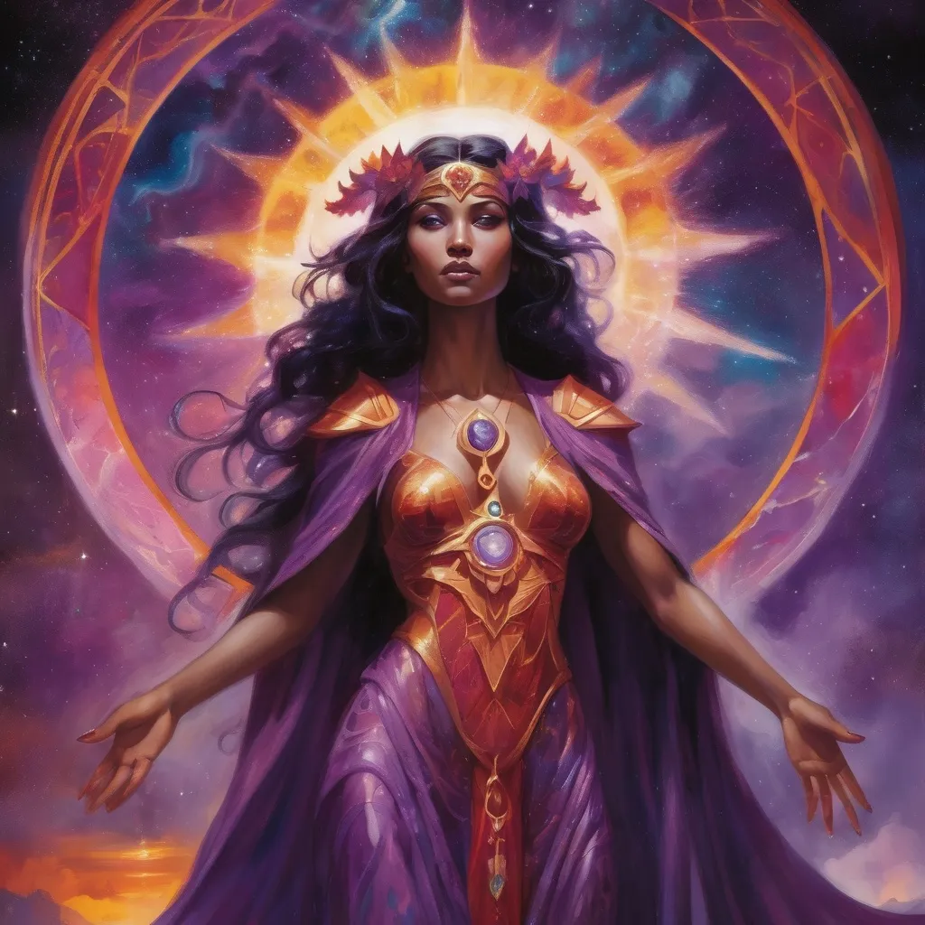 Prompt: Create a stunning, otherworldly depiction of Promethea, a divine, ethereal figure from the mystical realm of imagination. She stands tall, her flowing, radiant gown infused with the colors of a cosmic sunset—deep purples, golds, and fiery reds—shimmering with arcane symbols and celestial patterns. Her eyes glow with the wisdom of ancient gods, and in her hand, she holds a golden caduceus, representing knowledge and magic. Surrounding her is a swirling tapestry of mythical creatures, abstract patterns, and elements from various mythologies—Greek, Egyptian, and beyond—interweaving with the stars and planets of a boundless sky. The background should blend modern cityscapes with the dreamlike world of the Immateria, with bridges of light connecting them. Everything should feel like a fusion of magic and modernity, radiating power, wonder, and mystery."

This captures the essence of Promethea, blending mythology with the infinite imagination and dreamlike qualities central to the story.