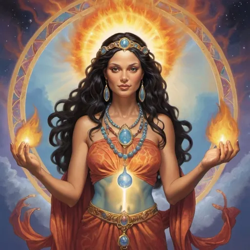 Prompt: Promethea embodies a multitude of divine qualities, including magic, art, fire, language, and inspiration. As a goddess, she represents the power of the female divine and serves as a psychopomp, bridging the borders between the physical and spiritual realms. Through her connection to the realms of imagination and creativity, Promethea serves as a beacon of inspiration, guiding others towards their own inner power and divine potential.