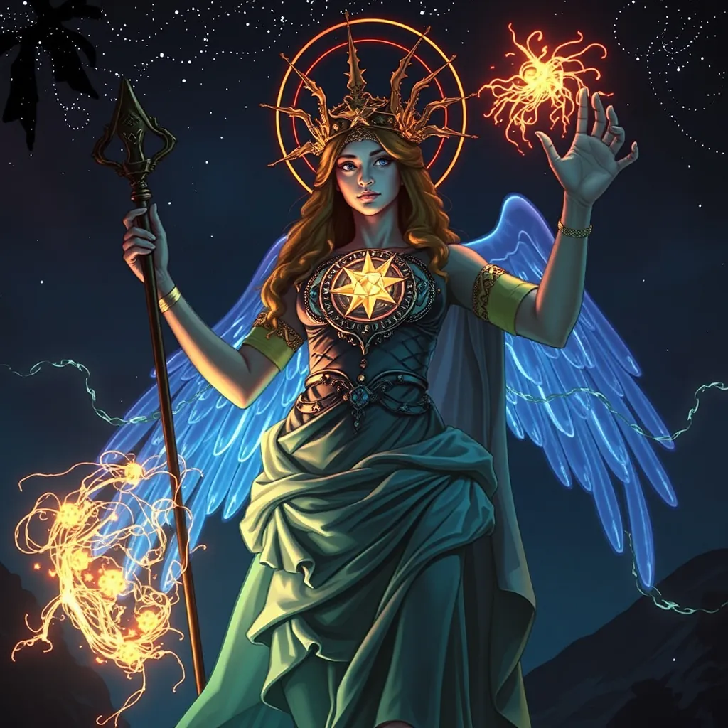 Prompt: PROMETHEA HOLDING A FLAMING GLOWING CADUCEUS REVACHOL FOREVER DISCO ELYSIUM