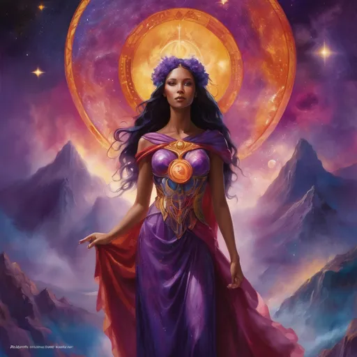 Prompt: Create a stunning, otherworldly depiction of Promethea, a divine, ethereal figure from the mystical realm of imagination. She stands tall, her flowing, radiant gown infused with the colors of a cosmic sunset—deep purples, golds, and fiery reds—shimmering with arcane symbols and celestial patterns. Her eyes glow with the wisdom of ancient gods, and in her hand, she holds a golden caduceus, representing knowledge and magic. Surrounding her is a swirling tapestry of mythical creatures, abstract patterns, and elements from various mythologies—Greek, Egyptian, and beyond—interweaving with the stars and planets of a boundless sky. The background should blend modern cityscapes with the dreamlike world of the Immateria, with bridges of light connecting them. Everything should feel like a fusion of magic and modernity, radiating power, wonder, and mystery."

This captures the essence of Promethea, blending mythology with the infinite imagination and dreamlike qualities central to the story.