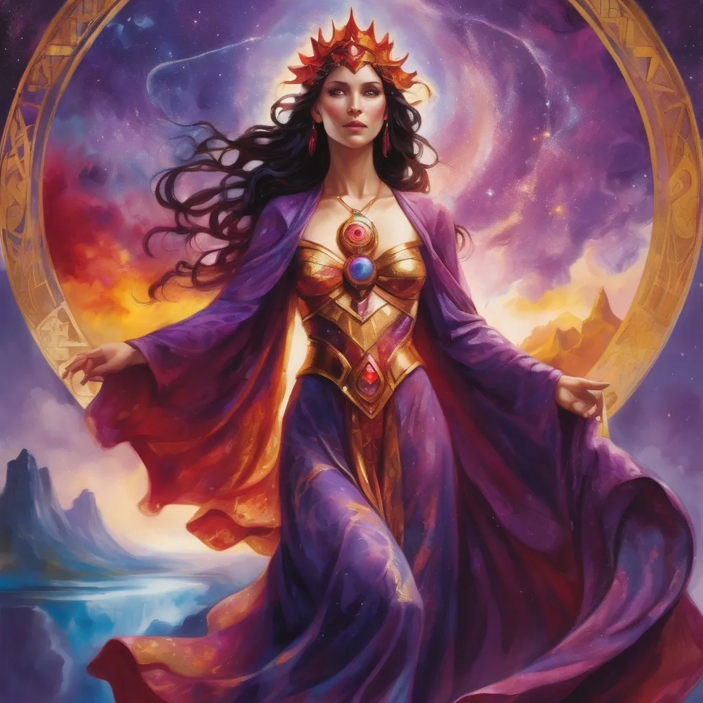 Prompt: Create a stunning, otherworldly depiction of Promethea, a divine, ethereal figure from the mystical realm of imagination. She stands tall, her flowing, radiant gown infused with the colors of a cosmic sunset—deep purples, golds, and fiery reds—shimmering with arcane symbols and celestial patterns. Her eyes glow with the wisdom of ancient gods, and in her hand, she holds a golden caduceus, representing knowledge and magic. Surrounding her is a swirling tapestry of mythical creatures, abstract patterns, and elements from various mythologies—Greek, Egyptian, and beyond—interweaving with the stars and planets of a boundless sky. The background should blend modern cityscapes with the dreamlike world of the Immateria, with bridges of light connecting them. Everything should feel like a fusion of magic and modernity, radiating power, wonder, and mystery."

This captures the essence of Promethea, blending mythology with the infinite imagination and dreamlike qualities central to the story.