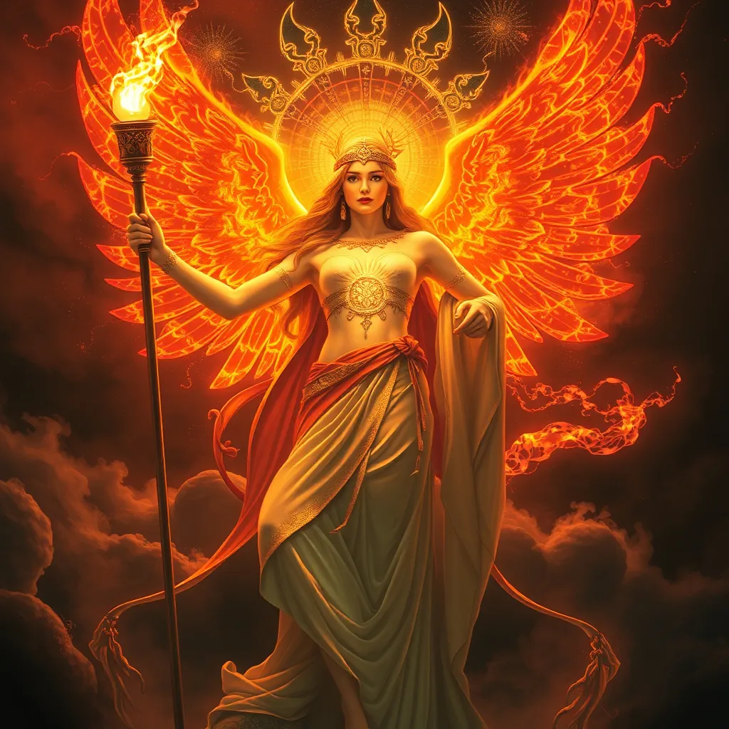 Prompt: PROMETHEA HOLDING A FLAMING GLOWING CADUCEUS REVACHOL FOREVER DISCO ELYSIUM