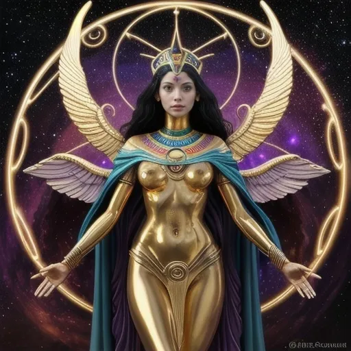 Prompt: Create a stunning, otherworldly depiction of Promethea, a divine, ethereal figure from the mystical realm of imagination. She stands tall, her flowing, radiant gown infused with the colors of a cosmic sunset—deep purples, golds, and fiery reds—shimmering with arcane symbols and celestial patterns. Her eyes glow with the wisdom of ancient gods, and in her hand, she holds a golden caduceus, representing knowledge and magic. Surrounding her is a swirling tapestry of mythical creatures, abstract patterns, and elements from various mythologies—Greek, Egyptian, and beyond—interweaving with the stars and planets of a boundless sky. The background should blend modern cityscapes with the dreamlike world of the Immateria, with bridges of light connecting them. Everything should feel like a fusion of magic and modernity, radiating power, wonder, and mystery."

This captures the essence of Promethea, blending mythology with the infinite imagination and dreamlike qualities central to the story.