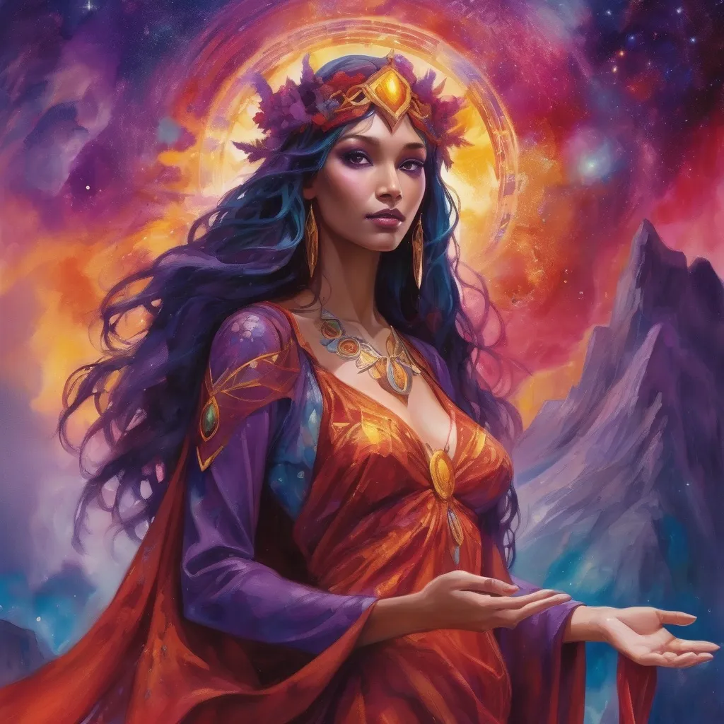 Prompt: Create a stunning, otherworldly depiction of Promethea, a divine, ethereal figure from the mystical realm of imagination. She stands tall, her flowing, radiant gown infused with the colors of a cosmic sunset—deep purples, golds, and fiery reds—shimmering with arcane symbols and celestial patterns. Her eyes glow with the wisdom of ancient gods, and in her hand, she holds a golden caduceus, representing knowledge and magic. Surrounding her is a swirling tapestry of mythical creatures, abstract patterns, and elements from various mythologies—Greek, Egyptian, and beyond—interweaving with the stars and planets of a boundless sky. The background should blend modern cityscapes with the dreamlike world of the Immateria, with bridges of light connecting them. Everything should feel like a fusion of magic and modernity, radiating power, wonder, and mystery."

This captures the essence of Promethea, blending mythology with the infinite imagination and dreamlike qualities central to the story.