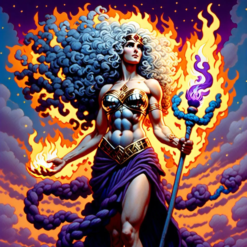 Prompt: <mymodel>PROMETHEA, GODDESS, CURLY SILVER HAIR, MIDDLE AGED, STOCKY, MUSCULAR ARMS, STORT, WIDE SHOULDERS, IRISH, HOLDING A STAFF TOPPED WITH A caduceus BURNING WITH PURPLE, BLUE, AND YELLOW FIRE, CUTE POT BELLY, VERY FEMININE