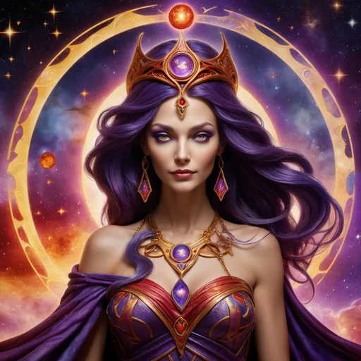 Prompt: Create a stunning, otherworldly depiction of Promethea, a divine, ethereal figure from the mystical realm of imagination. She stands tall, her flowing, radiant gown infused with the colors of a cosmic sunset—deep purples, golds, and fiery reds—shimmering with arcane symbols and celestial patterns. Her eyes glow with the wisdom of ancient gods, and in her hand, she holds a golden caduceus, representing knowledge and magic. Surrounding her is a swirling tapestry of mythical creatures, abstract patterns, and elements from various mythologies—Greek, Egyptian, and beyond—interweaving with the stars and planets of a boundless sky. The background should blend modern cityscapes with the dreamlike world of the Immateria, with bridges of light connecting them. Everything should feel like a fusion of magic and modernity, radiating power, wonder, and mystery."

This captures the essence of Promethea, blending mythology with the infinite imagination and dreamlike qualities central to the story.