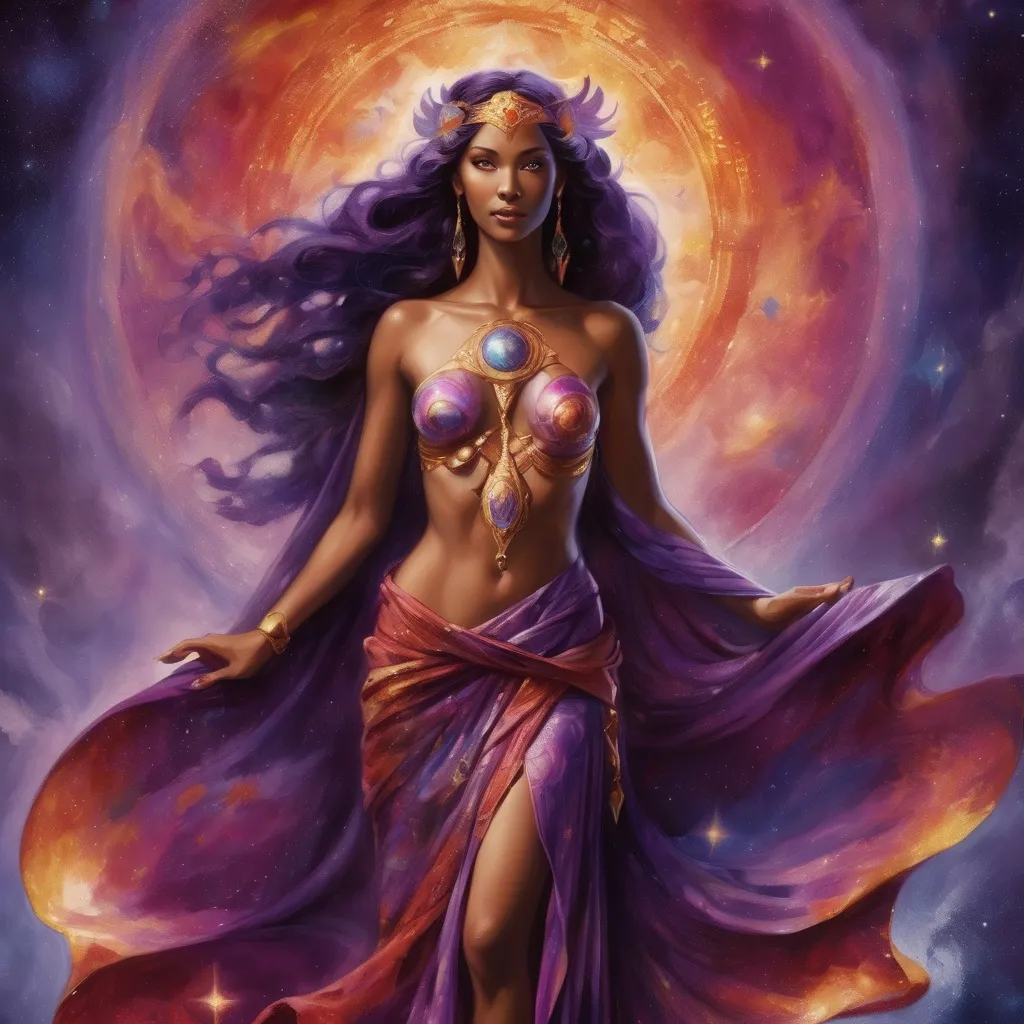 Prompt: Create a stunning, otherworldly depiction of Promethea, a divine, ethereal figure from the mystical realm of imagination. She stands tall, her flowing, radiant gown infused with the colors of a cosmic sunset—deep purples, golds, and fiery reds—shimmering with arcane symbols and celestial patterns. Her eyes glow with the wisdom of ancient gods, and in her hand, she holds a golden caduceus, representing knowledge and magic. Surrounding her is a swirling tapestry of mythical creatures, abstract patterns, and elements from various mythologies—Greek, Egyptian, and beyond—interweaving with the stars and planets of a boundless sky. The background should blend modern cityscapes with the dreamlike world of the Immateria, with bridges of light connecting them. Everything should feel like a fusion of magic and modernity, radiating power, wonder, and mystery."

This captures the essence of Promethea, blending mythology with the infinite imagination and dreamlike qualities central to the story.