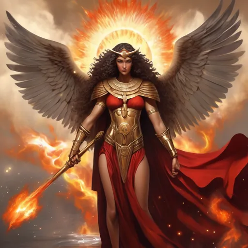 Prompt: in the style of r2roh PROMETHEA HEAVILY MUSCLED in RED ROBES and BRONZE ARMOR HOLDING A CADEUSUS FLAMING WITH HOLY FIRE, wings, stars in the background, fantasy, Egyptian art, GODDESS, ART, FIRE, WATER, ARIES, AQUARIUS, LANGUAGE, COMMUNICATION, BORDERS, INSPIRATION, MAGIC, FEMALE, POWER, STRONG ARMS, WARRIOR, THICK CURLY SILVER HAIR.