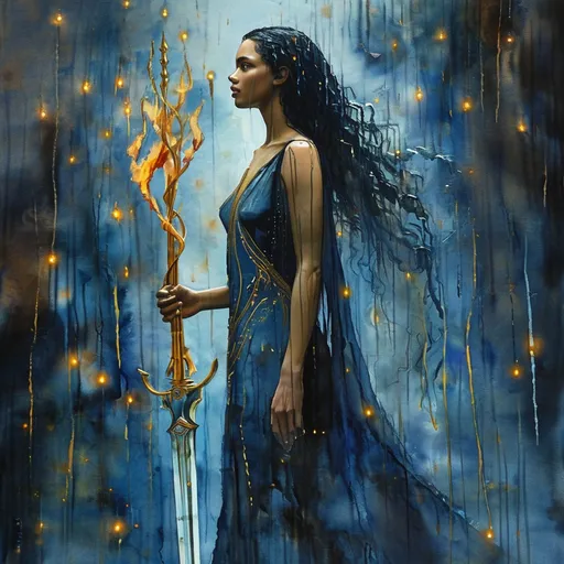 Prompt: The painting portrays a dreamy, wet-on-wet watercolor scene, using minimal paints and soft, fluid strokes to create a hazy, impressionistic composition. Promethea, the Goddess of Magic, stands tall and regal, her presence exuding divine power and mystical energy. She holds a flaming staff in her left hand, its fiery tendrils spiraling upward, casting an ethereal light that dances around her. The staff’s base is adorned with ancient runes, glowing softly in harmony with the flame. In her right hand, she wields a magnificent sword, a blend of silver and gold, its blade shimmering with an otherworldly glow. The sword’s hilt is intricately designed with celestial symbols, reflecting the dual nature of magic and power.

Her eyes glow with the intensity of arcane wisdom, her long flowing hair seeming to move with an unseen breeze, as though charged with magical energy. Promethea's robes are a deep, midnight blue with accents of silver and gold, swirling in patterns that mimic the cosmos. Around her, faint magical sigils hover in the air, and the ground beneath her glows softly as if enchanted by her mere presence. The entire scene feels alive with the force of magic, a combination of elegance, strength, and mystery.