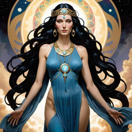 Prompt: Promethea is a powerful and mystifying goddess figure, symbolized by her tall and slender stature, long black hair, and elegant attire. Her ethereal and majestic presence exudes a sense of divine power and enigma, captivating those who worship her.