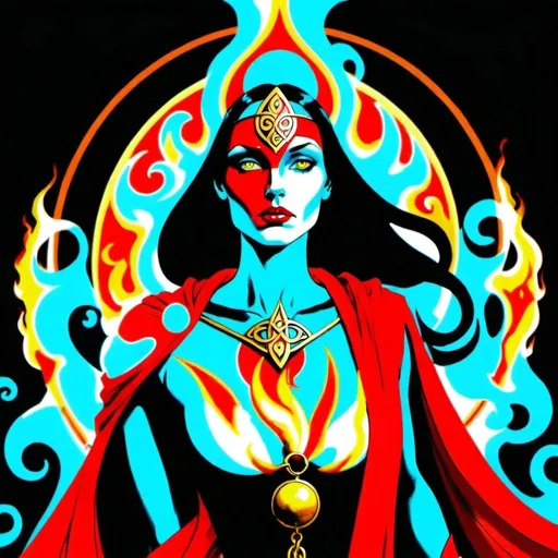 Prompt: Promethea embodies a unique and powerful combination of divine and mortal characteristics, with her striking appearance drawing inspiration from various mythological and fictional figures. Her goddess-like features, embellished with flowing red robes and a staff emanating vibrant flames, exude an aura of mystique and strength. With attributes reminiscent of notable deities and superheroes, Promethea's Irish origins add a touch of Celtic mysticism to her enigmatic presence. The synthesis of these influences creates a character of unparalleled beauty, strength, and magic