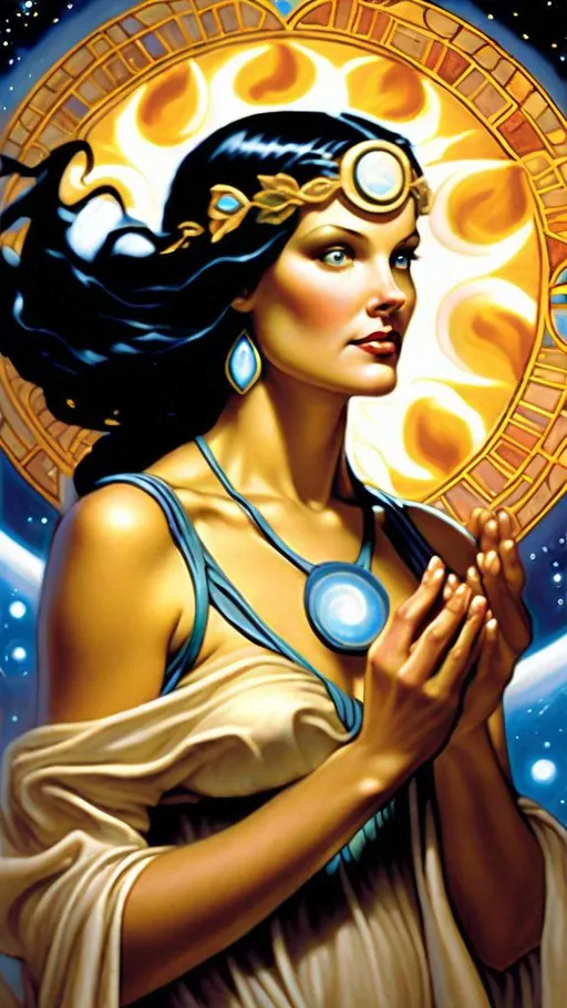 Prompt: Promethea is often depicted as beautiful in various ways, reflecting both her physical appearance and her symbolic significance. Artists may portray her as stunningly attractive, radiating an otherworldly grace and enchantment. Her beauty often transcends conventional standards, capturing a sense of divine or ethereal allure. However, perceptions of beauty can be subjective, and different readers or viewers may interpret and appreciate her beauty differently.
