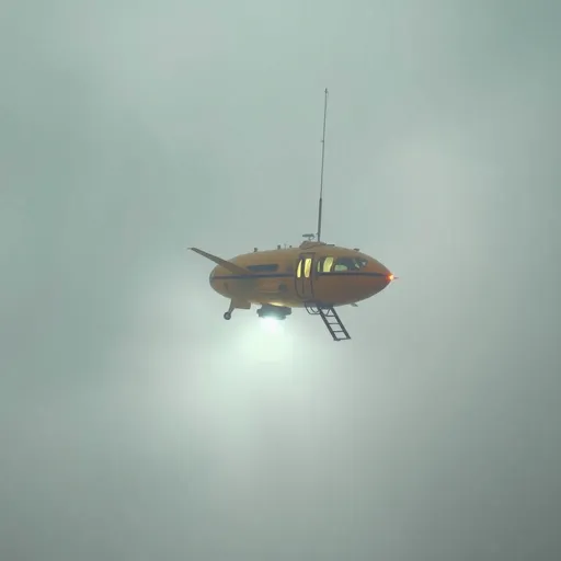 Prompt: a GHOSTLY WHISPY impenetrable WHITE LOW GRAY FOG NOTHINGNESS THE PALE ABANDONED entroponetic catastrophe APRICOT COLORED SMALL ONE-PERSON RUSSIAN STEAMPUNK AIRSHIP in the style of Disco Elysium small high above