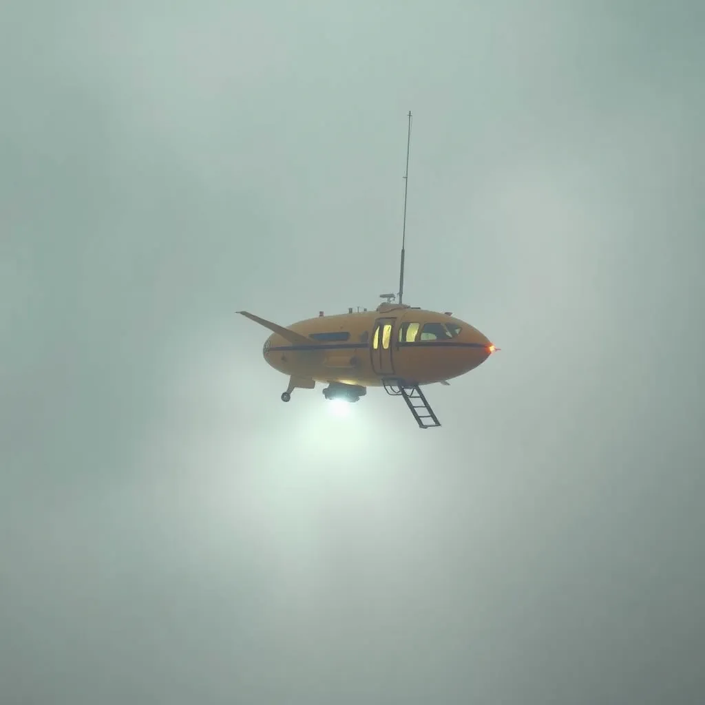 Prompt: a GHOSTLY WHISPY impenetrable WHITE LOW GRAY FOG NOTHINGNESS THE PALE ABANDONED entroponetic catastrophe APRICOT COLORED SMALL ONE-PERSON RUSSIAN STEAMPUNK AIRSHIP in the style of Disco Elysium small high above