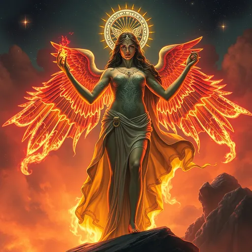 Prompt: PROMETHEA HOLDING A FLAMING GLOWING CADUCEUS REVACHOL FOREVER DISCO ELYSIUM