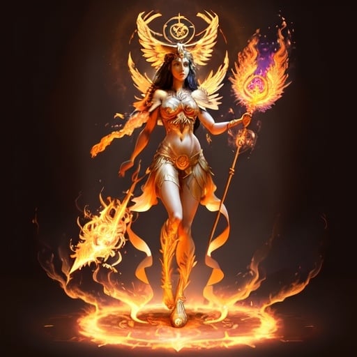 Prompt: FULL BODY, HYPER REALISTIC, PROMETHEA, GODDESS, MAGIC, ART, FIRE, LANGUAGE, BORDERS, PSYCHOPOMP, INSPIRATION, IMAGINATION, DIVINE, FEMALE, POWER, HOLDING A STAFF TOPPED WITH A FLAMING CADEUSUS