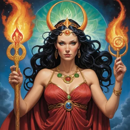 Prompt: Promethea embodies a unique and powerful combination of divine and mortal characteristics, with her striking appearance drawing inspiration from various mythological and fictional figures. Her goddess-like features, embellished with flowing red robes and a staff emanating vibrant flames, exude an aura of mystique and strength. With attributes reminiscent of notable deities and superheroes, Promethea's Irish origins add a touch of Celtic mysticism to her enigmatic presence. The synthesis of these influences creates a character of unparalleled beauty, strength, and magic