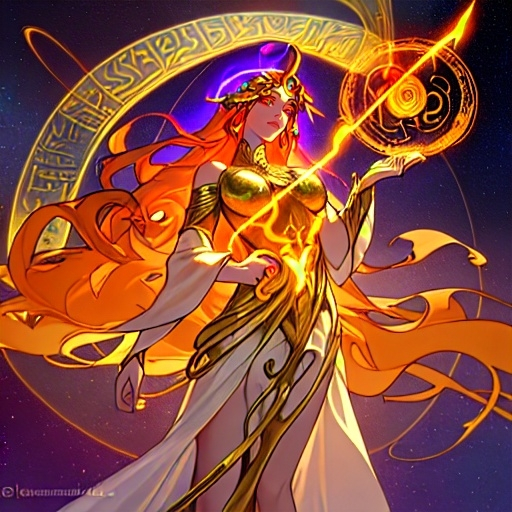 Prompt: Create a stunning, otherworldly depiction of Promethea, a divine, ethereal figure from the mystical realm of imagination. She stands tall, her flowing, radiant gown infused with the colors of a cosmic sunset—deep purples, golds, and fiery reds—shimmering with arcane symbols and celestial patterns. Her eyes glow with the wisdom of ancient gods, and in her hand, she holds a golden caduceus, representing knowledge and magic. Surrounding her is a swirling tapestry of mythical creatures, abstract patterns, and elements from various mythologies—Greek, Egyptian, and beyond—interweaving with the stars and planets of a boundless sky. The background should blend modern cityscapes with the dreamlike world of the Immateria, with bridges of light connecting them. Everything should feel like a fusion of magic and modernity, radiating power, wonder, and mystery."

This captures the essence of Promethea, blending mythology with the infinite imagination and dreamlike qualities central to the story.