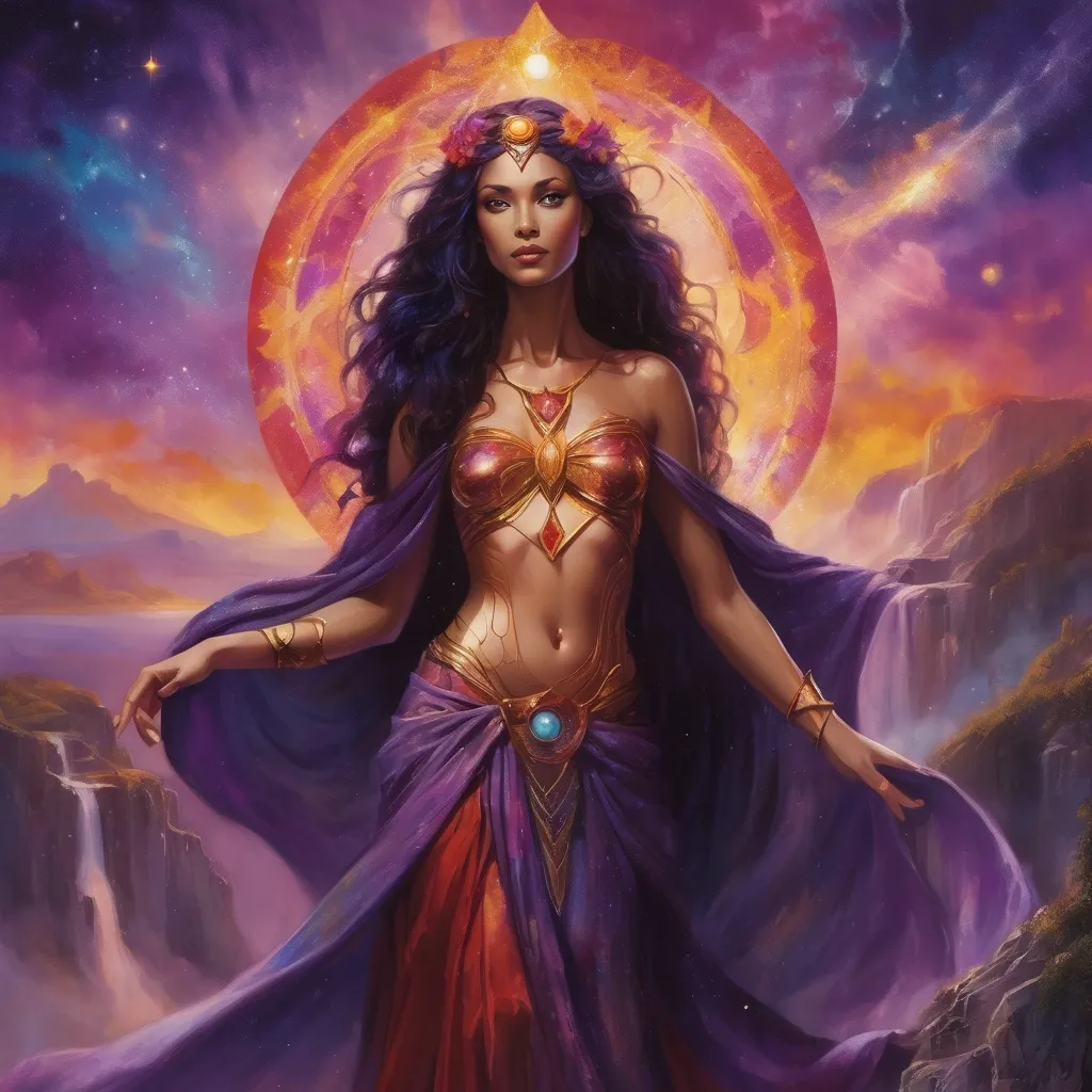 Prompt: Create a stunning, otherworldly depiction of Promethea, a divine, ethereal figure from the mystical realm of imagination. She stands tall, her flowing, radiant gown infused with the colors of a cosmic sunset—deep purples, golds, and fiery reds—shimmering with arcane symbols and celestial patterns. Her eyes glow with the wisdom of ancient gods, and in her hand, she holds a golden caduceus, representing knowledge and magic. Surrounding her is a swirling tapestry of mythical creatures, abstract patterns, and elements from various mythologies—Greek, Egyptian, and beyond—interweaving with the stars and planets of a boundless sky. The background should blend modern cityscapes with the dreamlike world of the Immateria, with bridges of light connecting them. Everything should feel like a fusion of magic and modernity, radiating power, wonder, and mystery."

This captures the essence of Promethea, blending mythology with the infinite imagination and dreamlike qualities central to the story.