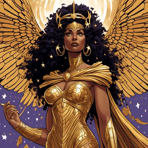 Prompt: <mymodel>a drawing OF THE GODDESS PROMETHEA in a gold outfit with WINGS on her shoulder and stars around her neck, Ann Thetis Blacker, afrofuturism, comic cover art, concept art