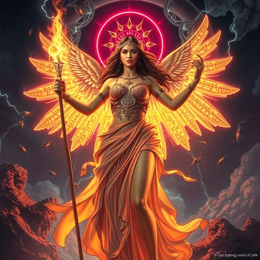 Prompt: PROMETHEA HOLDING A FLAMING GLOWING CADUCEUS REVACHOL FOREVER DISCO ELYSIUM