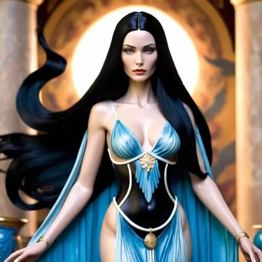 Prompt: Promethea is a powerful and mystifying goddess figure, symbolized by her tall and slender stature, long black hair, and elegant attire. Her ethereal and majestic presence exudes a sense of divine power and enigma, captivating those who worship her.<mymodel>