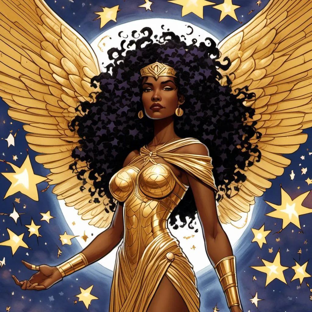 Prompt: <mymodel>a drawing OF THE GODDESS PROMETHEA in a gold outfit with WINGS on her shoulder and stars around her neck, Ann Thetis Blacker, afrofuturism, comic cover art, concept art