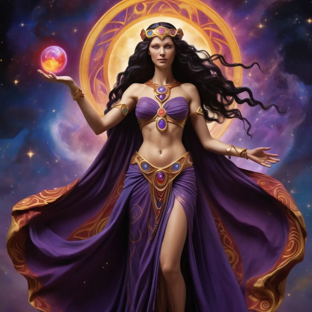 Prompt: Create a stunning, otherworldly depiction of Promethea, a divine, ethereal figure from the mystical realm of imagination. She stands tall, her flowing, radiant gown infused with the colors of a cosmic sunset—deep purples, golds, and fiery reds—shimmering with arcane symbols and celestial patterns. Her eyes glow with the wisdom of ancient gods, and in her hand, she holds a golden caduceus, representing knowledge and magic. Surrounding her is a swirling tapestry of mythical creatures, abstract patterns, and elements from various mythologies—Greek, Egyptian, and beyond—interweaving with the stars and planets of a boundless sky. The background should blend modern cityscapes with the dreamlike world of the Immateria, with bridges of light connecting them. Everything should feel like a fusion of magic and modernity, radiating power, wonder, and mystery."

This captures the essence of Promethea, blending mythology with the infinite imagination and dreamlike qualities central to the story.