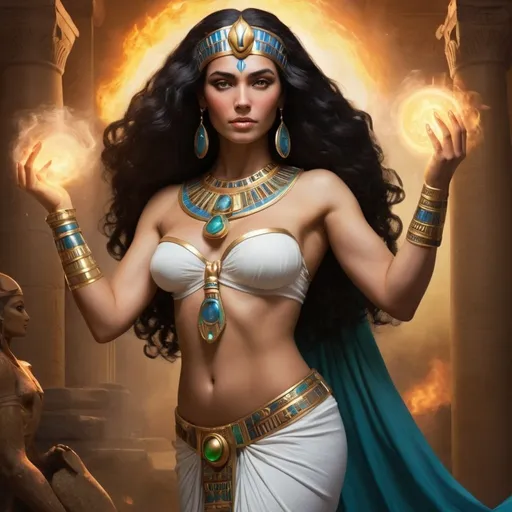 Prompt: Promethea represents a captivating fusion of divine qualities attributed to Goddesses, encompassing magic, art, fire, language, and power. With her Egyptian and Irish heritage, she embodies a unique blend of cultural influences, while her huge thick arms symbolize her immense strength and presence as a formidable female deity.