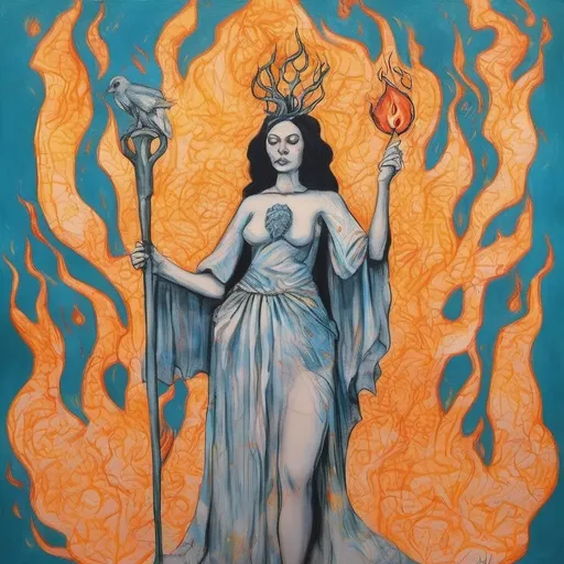 Prompt: FULL BODY, HYPER REALISTIC, PROMETHEA, GODDESS, MAGIC, ART, FIRE, LANGUAGE, BORDERS, PSYCHOPOMP, INSPIRATION, IMAGINATION, DIVINE, FEMALE, POWER, HOLDING A STAFF TOPPED WITH A FLAMING CADEUSUS