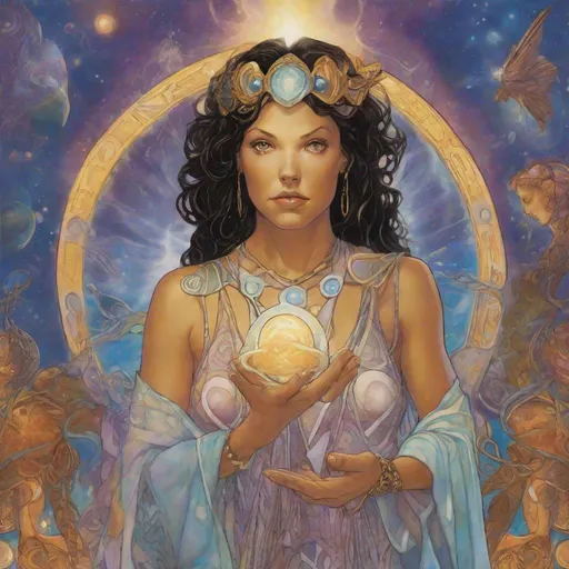 Prompt: PROMETHEA is depicted as a young woman who becomes the living embodiment of the Immateria, an ethereal realm of imagination and creativity. Promethea embodies various aspects of the divine feminine, transforming into different forms throughout the series. She represents the power of imagination and the exploration of the human psyche, as well as embodying concepts such as enlightenment, inspiration, and the potential for transformation.