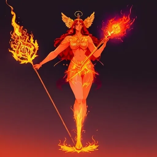 Prompt: FULL BODY, HYPER REALISTIC, PROMETHEA, GODDESS, MAGIC, ART, FIRE, LANGUAGE, BORDERS, PSYCHOPOMP, INSPIRATION, IMAGINATION, DIVINE, FEMALE, POWER, HOLDING A STAFF TOPPED WITH A FLAMING CADEUSUS