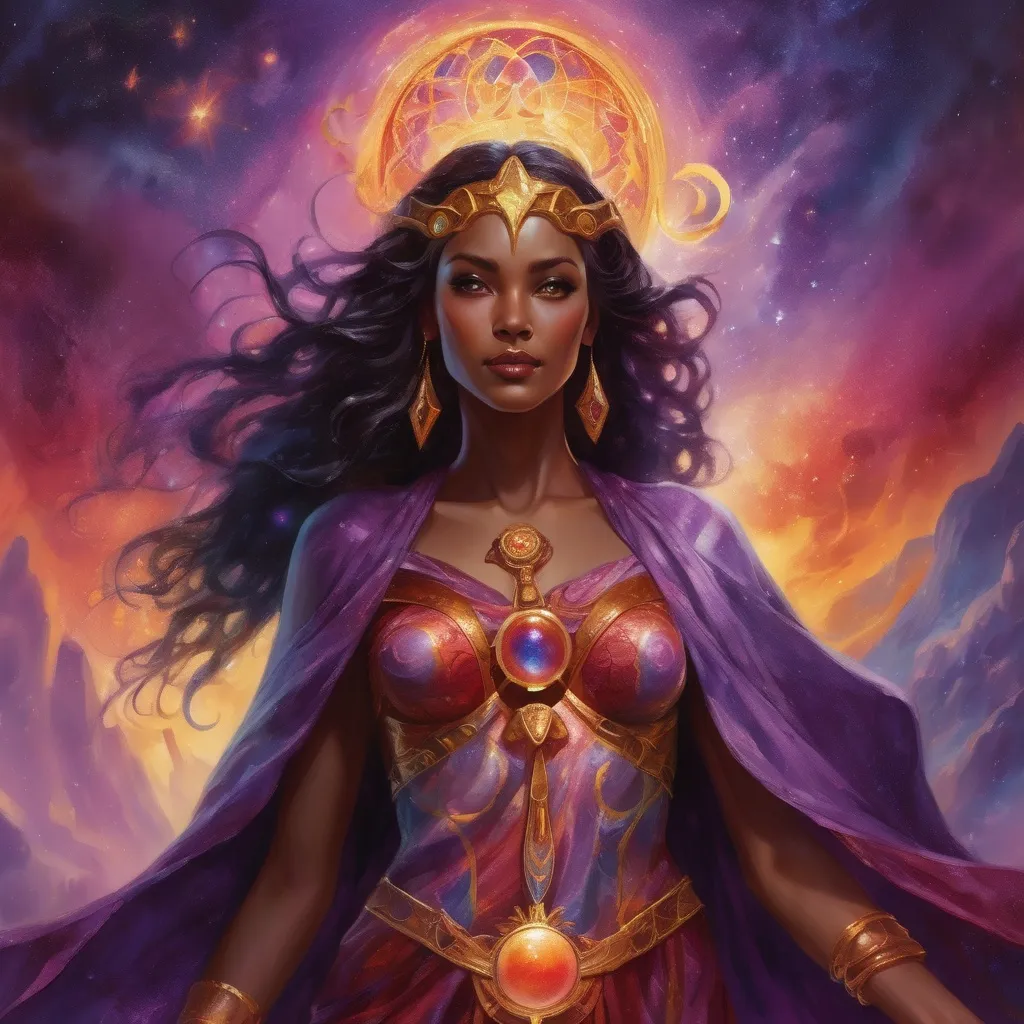 Prompt: Create a stunning, otherworldly depiction of Promethea, a divine, ethereal figure from the mystical realm of imagination. She stands tall, her flowing, radiant gown infused with the colors of a cosmic sunset—deep purples, golds, and fiery reds—shimmering with arcane symbols and celestial patterns. Her eyes glow with the wisdom of ancient gods, and in her hand, she holds a golden caduceus, representing knowledge and magic. Surrounding her is a swirling tapestry of mythical creatures, abstract patterns, and elements from various mythologies—Greek, Egyptian, and beyond—interweaving with the stars and planets of a boundless sky. The background should blend modern cityscapes with the dreamlike world of the Immateria, with bridges of light connecting them. Everything should feel like a fusion of magic and modernity, radiating power, wonder, and mystery."

This captures the essence of Promethea, blending mythology with the infinite imagination and dreamlike qualities central to the story.