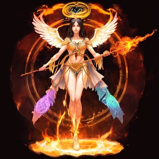 Prompt: FULL BODY, HYPER REALISTIC, PROMETHEA, GODDESS, MAGIC, ART, FIRE, LANGUAGE, BORDERS, PSYCHOPOMP, INSPIRATION, IMAGINATION, DIVINE, FEMALE, POWER, HOLDING A STAFF TOPPED WITH A FLAMING CADEUSUS