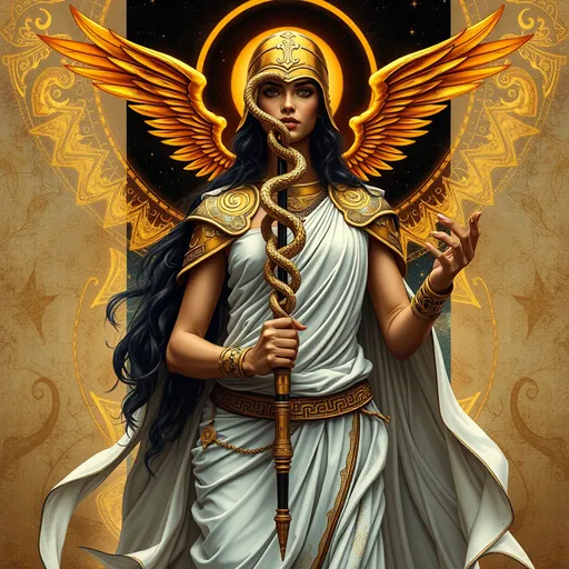 Prompt: When Promethea is fully manifested, she often takes on a more divine, ethereal appearance that transcends specific ethnic characteristics, reflecting a universal or mythological presence.Promethea is usually depicted wearing a flowing, ancient Greek-inspired outfit that resembles a warrior's attire, often with a cape and helmet. Her costume is adorned with mystical symbols, reflecting her role as a goddess-like figure. The colors of her attire can vary, but they often include gold, blue, and white, symbolizing purity, wisdom, and divine power. The caduceus SHE HOLDS is a staff entwined by two serpents and topped with wings, traditionally associated with Hermes, the messenger god in Greek mythology. In Promethea's context, the caduceus represents the merging of opposites, such as life and death, or matter and spirit. It symbolizes healing, transformation, and the balance of forces in the universe, aligning with Promethea's role as a mystical and transformative figure.