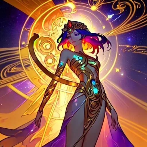 Prompt: Create a stunning, otherworldly depiction of Promethea, a divine, ethereal figure from the mystical realm of imagination. She stands tall, her flowing, radiant gown infused with the colors of a cosmic sunset—deep purples, golds, and fiery reds—shimmering with arcane symbols and celestial patterns. Her eyes glow with the wisdom of ancient gods, and in her hand, she holds a golden caduceus, representing knowledge and magic. Surrounding her is a swirling tapestry of mythical creatures, abstract patterns, and elements from various mythologies—Greek, Egyptian, and beyond—interweaving with the stars and planets of a boundless sky. The background should blend modern cityscapes with the dreamlike world of the Immateria, with bridges of light connecting them. Everything should feel like a fusion of magic and modernity, radiating power, wonder, and mystery."

This captures the essence of Promethea, blending mythology with the infinite imagination and dreamlike qualities central to the story.