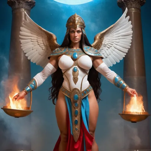 Prompt: PROMETHEA HEAVY BIG THICK MUSCULAR ARMS in WHITE LINEN WITH BLUE TRIM AND RED ROBES and BRONZE ARMOR HOLDING A CADEUSUS BURNING WITH HOLY FIRE, wings, stars, fantasy, Egyptian art, GODDESS, ART, FIRE, WATER, AQUARIUS, ARIES, LANGUAGE, COMMUNICATION, BORDERS, INSPIRATION, MAGIC, FEMALE, POWER, STRONG