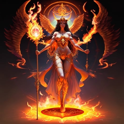 Prompt: FULL BODY, HYPER REALISTIC, PROMETHEA, GODDESS, MAGIC, ART, FIRE, LANGUAGE, BORDERS, PSYCHOPOMP, INSPIRATION, IMAGINATION, DIVINE, FEMALE, POWER, HOLDING A STAFF TOPPED WITH A FLAMING CADEUSUS
