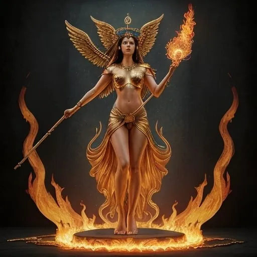 Prompt: FULL BODY, HYPER REALISTIC, PROMETHEA, GODDESS, MAGIC, ART, FIRE, LANGUAGE, BORDERS, PSYCHOPOMP, INSPIRATION, IMAGINATION, DIVINE, FEMALE, POWER, HOLDING A STAFF TOPPED WITH A FLAMING CADEUSUS