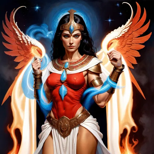 Prompt: PROMETHEA HEAVY THICK MUSCULAR ARMS in WHITE LINEN WITH BLUE TRIM AND RED ROBES and BRONZE ARMOR HOLDING A CADEUSUS BURNING WITH HOLY FIRE, wings, stars, fantasy, Egyptian art, GODDESS, ART, FIRE, WATER, AQUARIUS, ARIES, LANGUAGE, COMMUNICATION, BORDERS, INSPIRATION, MAGIC, FEMALE, POWER, STRONG