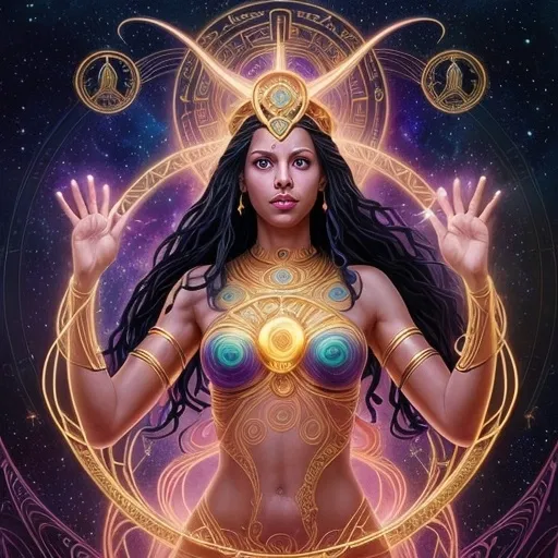 Prompt: Create a stunning, otherworldly depiction of Promethea, a divine, ethereal figure from the mystical realm of imagination. She stands tall, her flowing, radiant gown infused with the colors of a cosmic sunset—deep purples, golds, and fiery reds—shimmering with arcane symbols and celestial patterns. Her eyes glow with the wisdom of ancient gods, and in her hand, she holds a golden caduceus, representing knowledge and magic. Surrounding her is a swirling tapestry of mythical creatures, abstract patterns, and elements from various mythologies—Greek, Egyptian, and beyond—interweaving with the stars and planets of a boundless sky. The background should blend modern cityscapes with the dreamlike world of the Immateria, with bridges of light connecting them. Everything should feel like a fusion of magic and modernity, radiating power, wonder, and mystery."

This captures the essence of Promethea, blending mythology with the infinite imagination and dreamlike qualities central to the story.