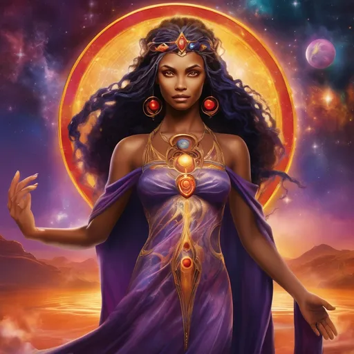 Prompt: Create a stunning, otherworldly depiction of Promethea, a divine, ethereal figure from the mystical realm of imagination. She stands tall, her flowing, radiant gown infused with the colors of a cosmic sunset—deep purples, golds, and fiery reds—shimmering with arcane symbols and celestial patterns. Her eyes glow with the wisdom of ancient gods, and in her hand, she holds a golden caduceus, representing knowledge and magic. Surrounding her is a swirling tapestry of mythical creatures, abstract patterns, and elements from various mythologies—Greek, Egyptian, and beyond—interweaving with the stars and planets of a boundless sky. The background should blend modern cityscapes with the dreamlike world of the Immateria, with bridges of light connecting them. Everything should feel like a fusion of magic and modernity, radiating power, wonder, and mystery."

This captures the essence of Promethea, blending mythology with the infinite imagination and dreamlike qualities central to the story.